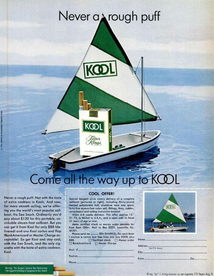 Kool boat and KOOL cigarettes kit boat on Renegade Sailing
