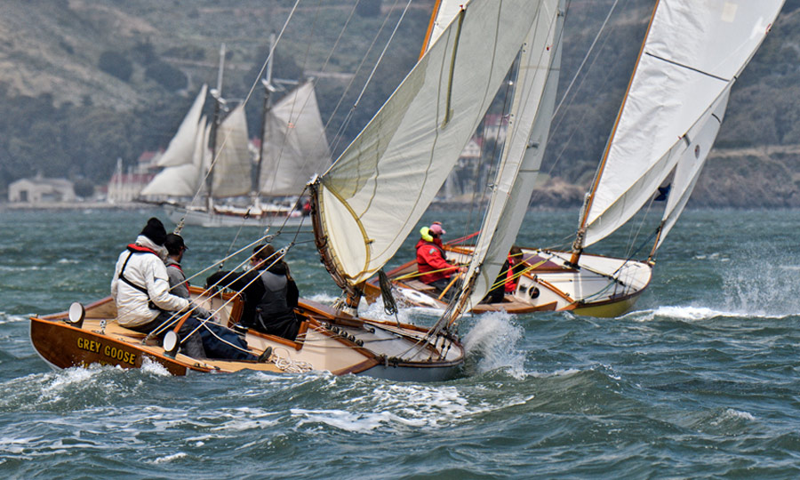 Master Mariner Regatta 2024 Renegade Sailing Martha Blanchfield wooden boats and Golden Gate Bridge Grey Goose Bird Boat